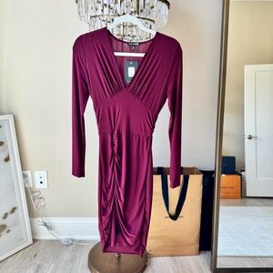 Fashion Nova Burgundy Ruched Long Sleeve Sheath Dress